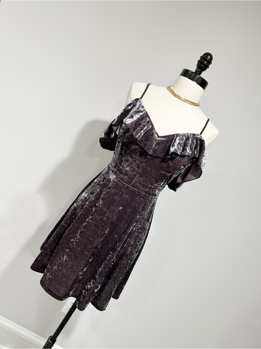 American eagle Velvet Off-Shoulder Mini Dress in Charcoal Plum